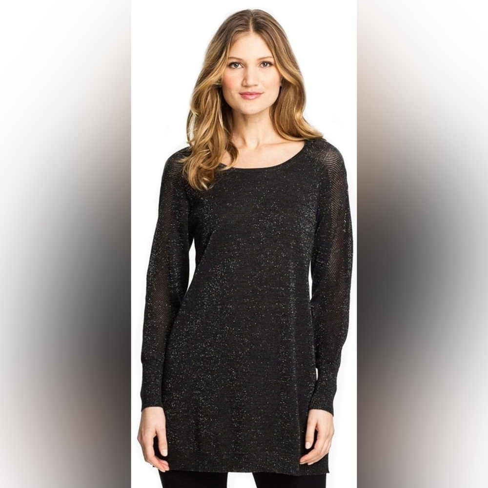 Eileen Fisher Shimmery Metallic Ash Merino Stitch Play Tunic Top Sweater Sz XS